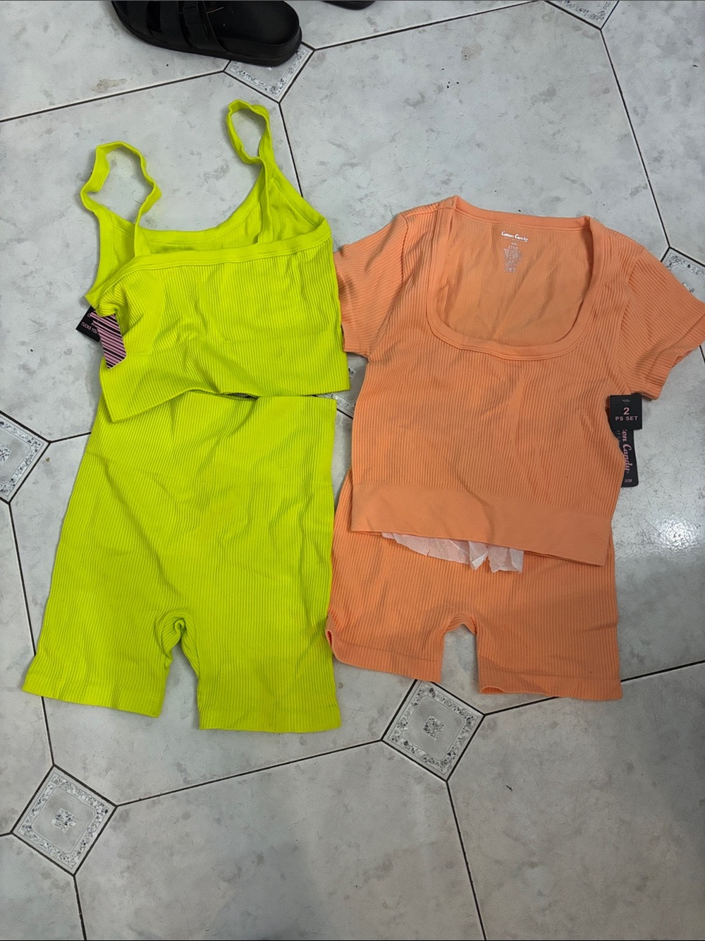 Cotton Candy Ribbed Two-Piece Sleep Sets in Neon Lime & Peach